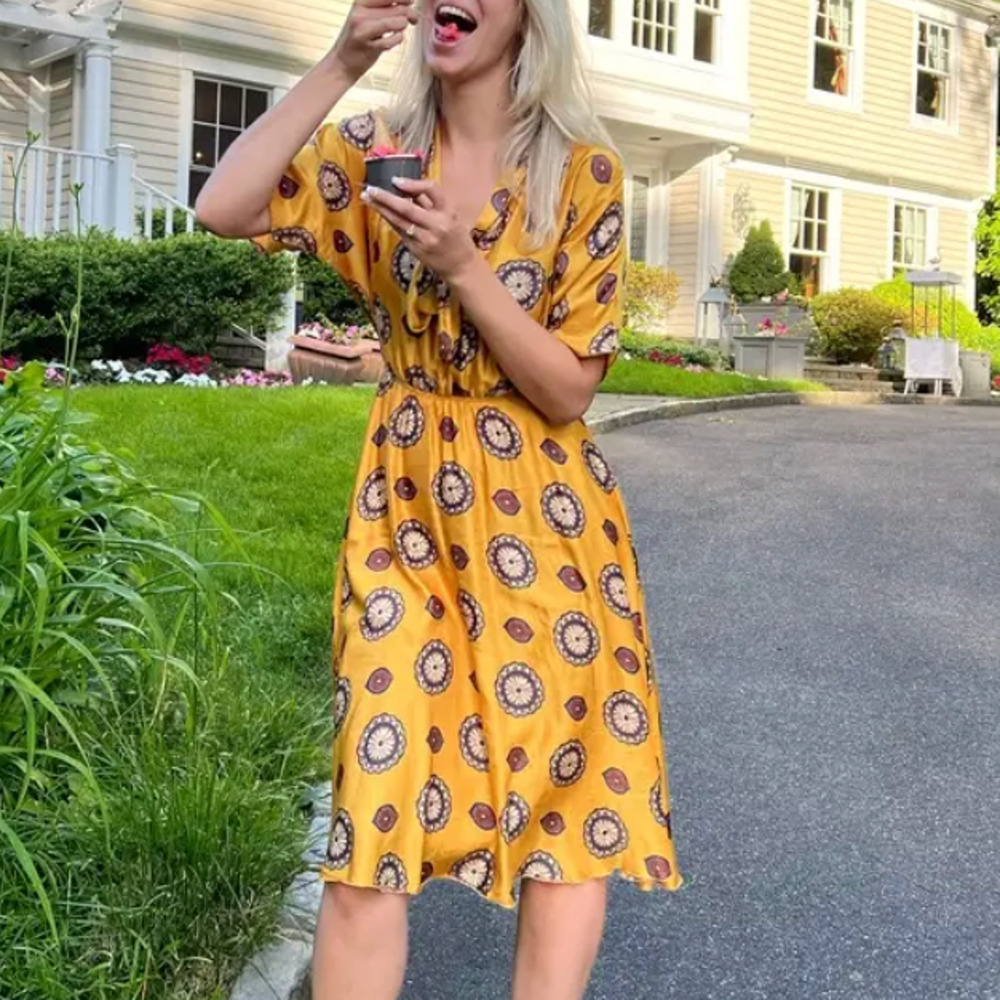 Nissa Marigold Yellow Silk Midi Dress SIZE 4 Scarf Floral Career Designer $358